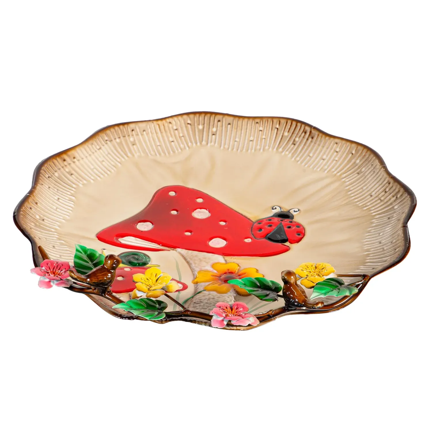 Plow & Hearth Birdbaths>17" Metal Sculpted Edge Bird Bath, Flowers & Mushrooms