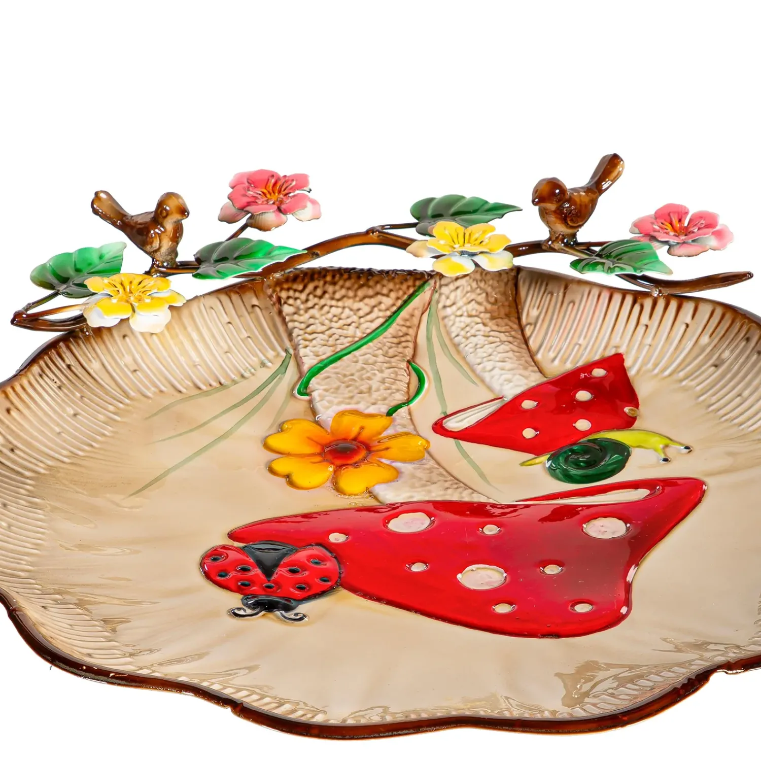 Plow & Hearth Birdbaths>17" Metal Sculpted Edge Bird Bath, Flowers & Mushrooms