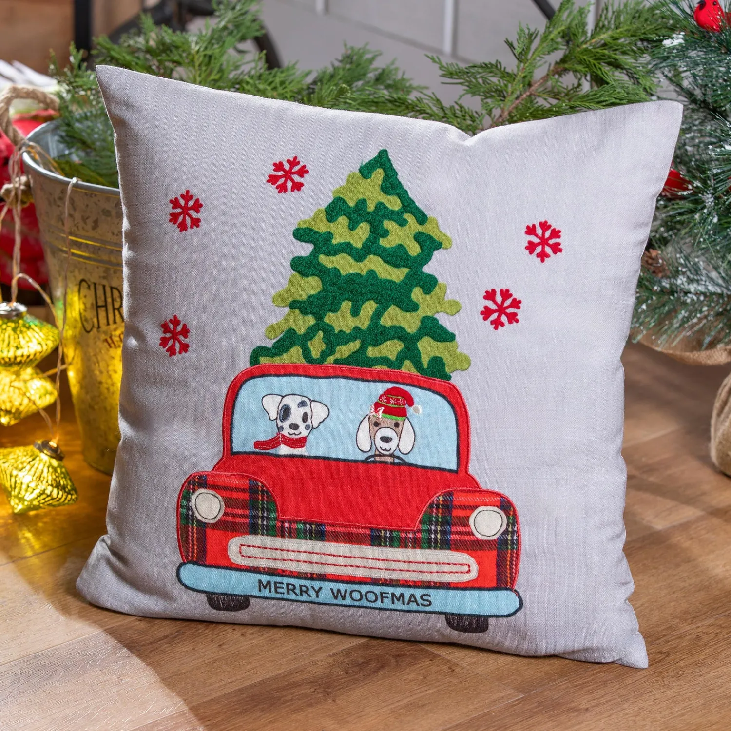 Plow & Hearth Decorative Pillows>18.5" Red Truck with Dogs Square Pillow