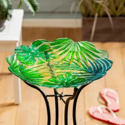 Plow & Hearth Birdbaths>18" Sculpted Edge Glass Bird Bath, Palm Leaves