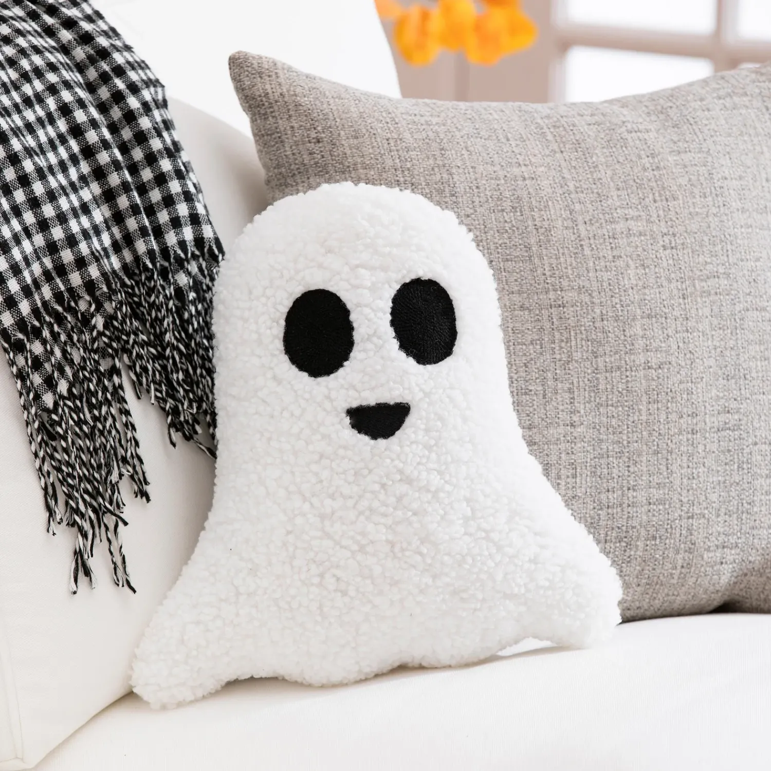 Plow & Hearth Decorative Pillows>13" Shaped Pillow with Embroidering, White Ghost