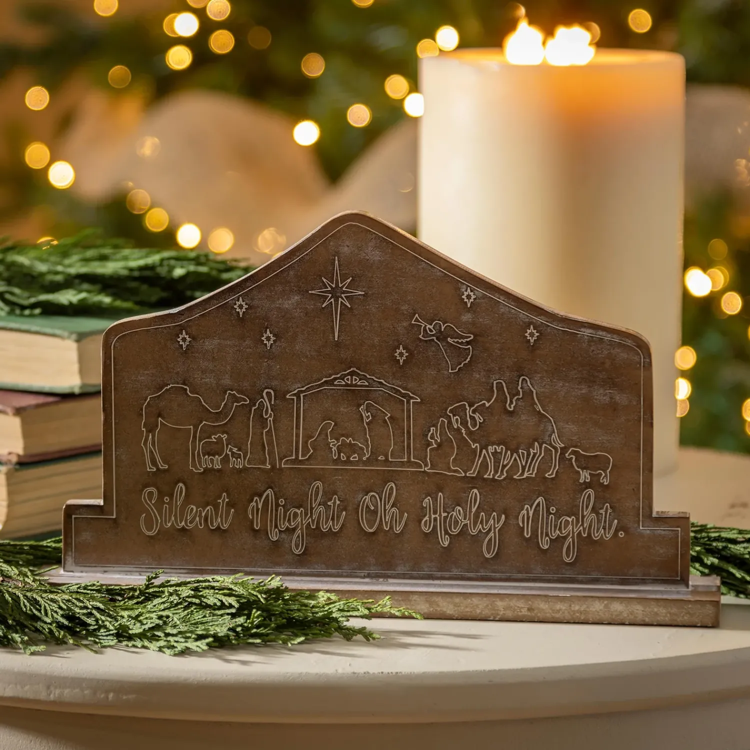 Plow & Hearth Decorative Accents>11" Wood Nativity Table Decor, "Silent Night Oh Holy Night"