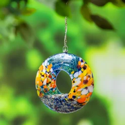 Plow & Hearth Solar Accents|Bird Feeders>8"D Solar Art Glass Fly Through Bird Feeder, Sky Swirl