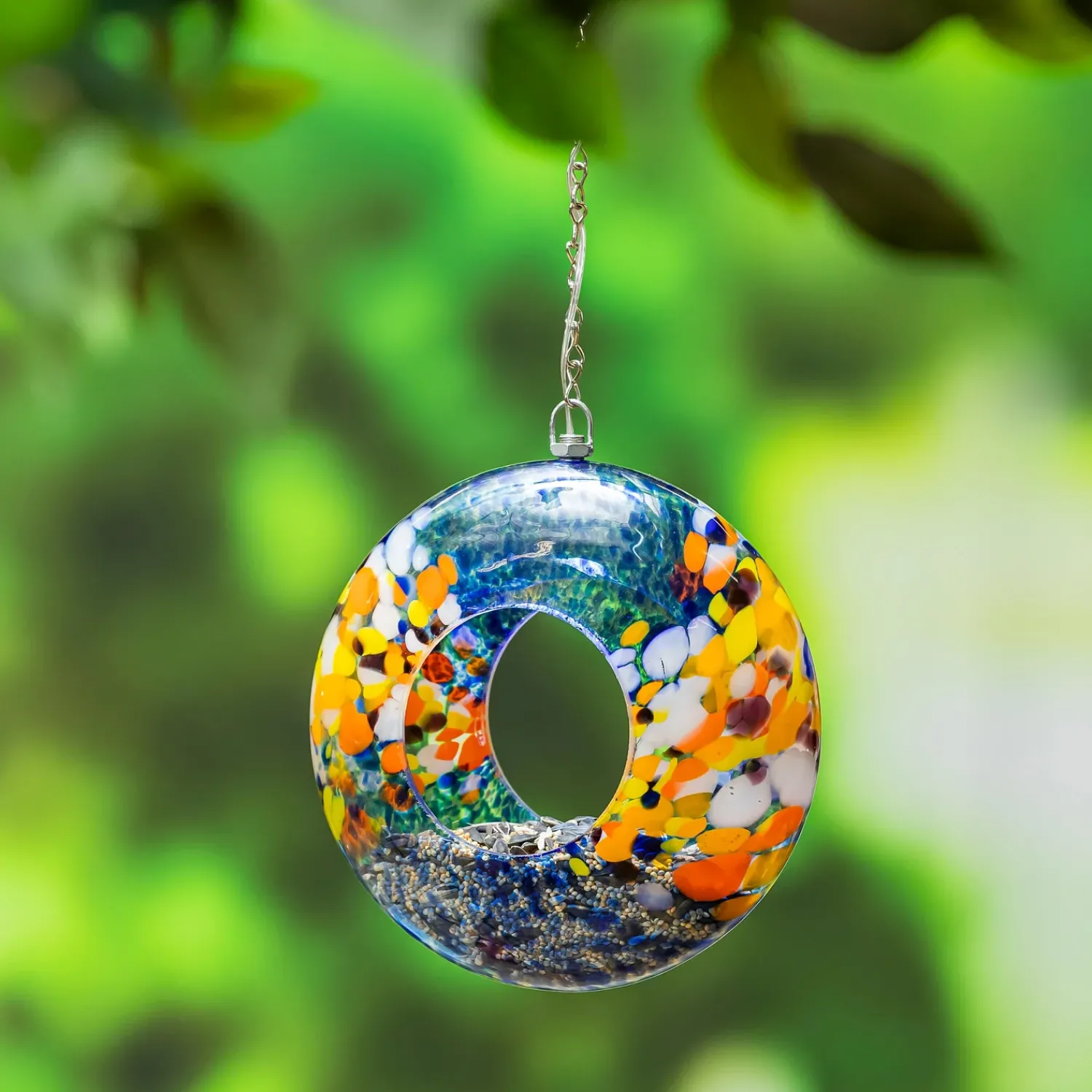 Plow & Hearth Solar Accents|Bird Feeders>8"D Solar Art Glass Fly Through Bird Feeder, Sky Swirl