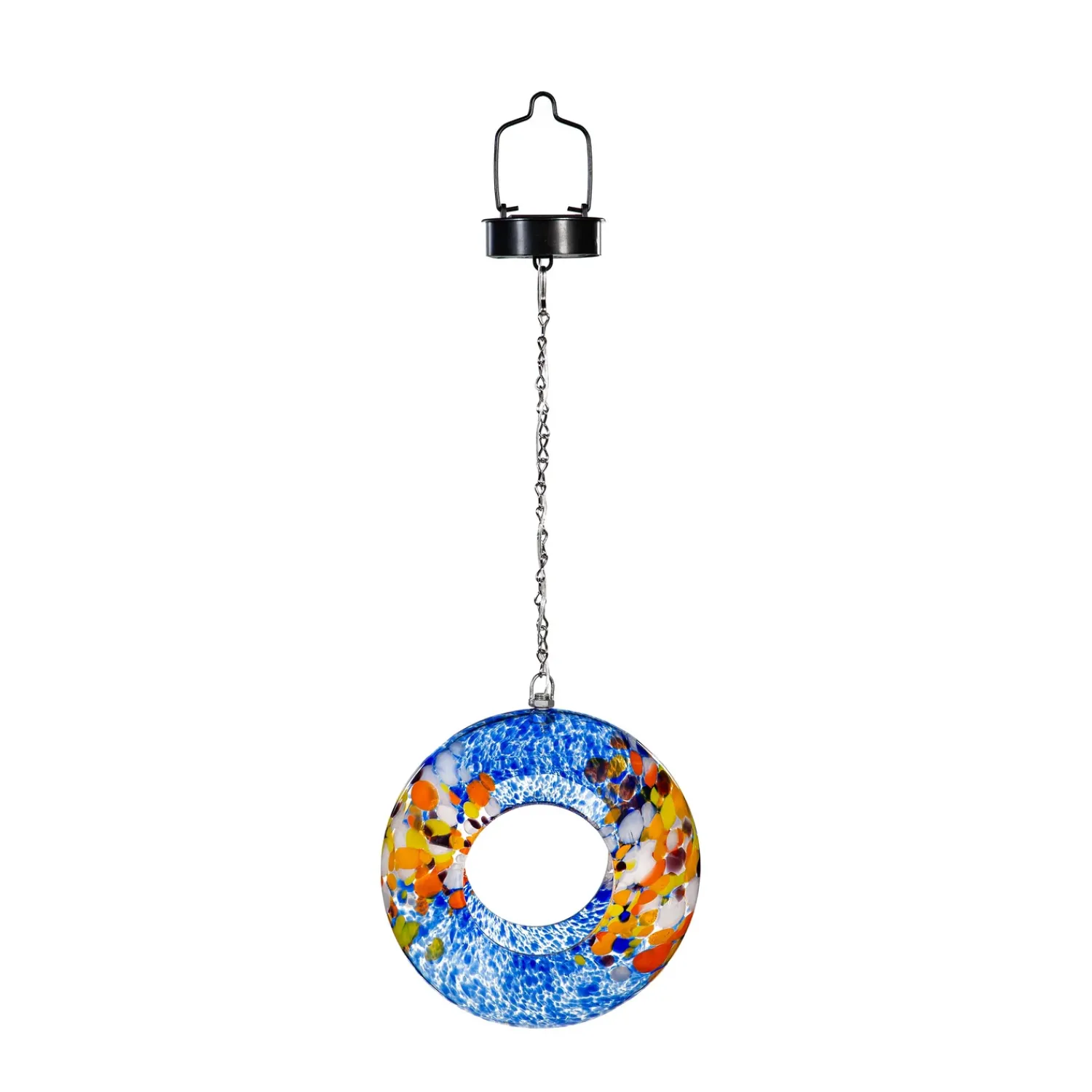 Plow & Hearth Solar Accents|Bird Feeders>8"D Solar Art Glass Fly Through Bird Feeder, Sky Swirl