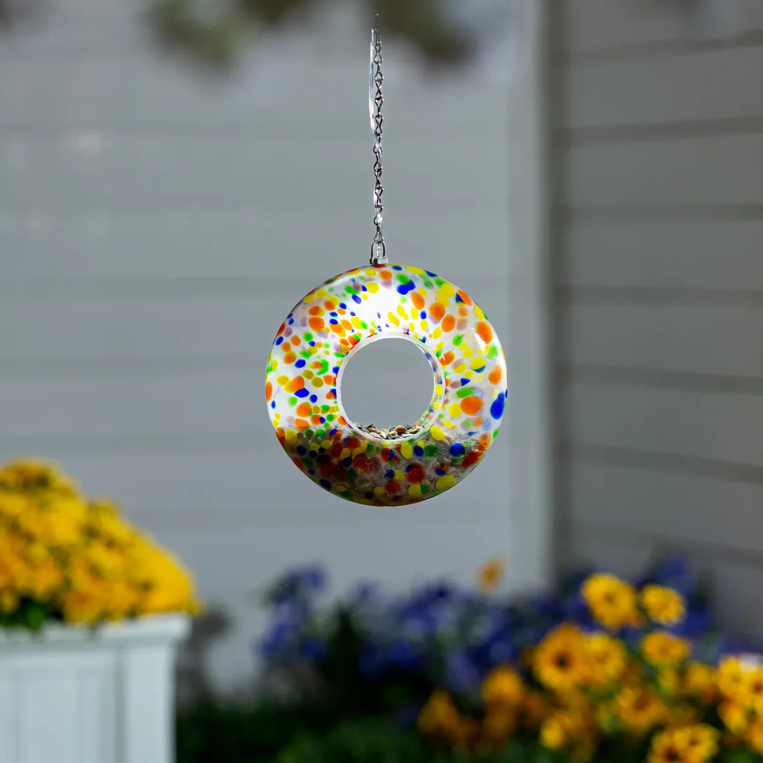 Plow & Hearth Solar Accents|Bird Feeders>8"D Solar Art Glass Fly Through Bird Feeder, Color Wheel