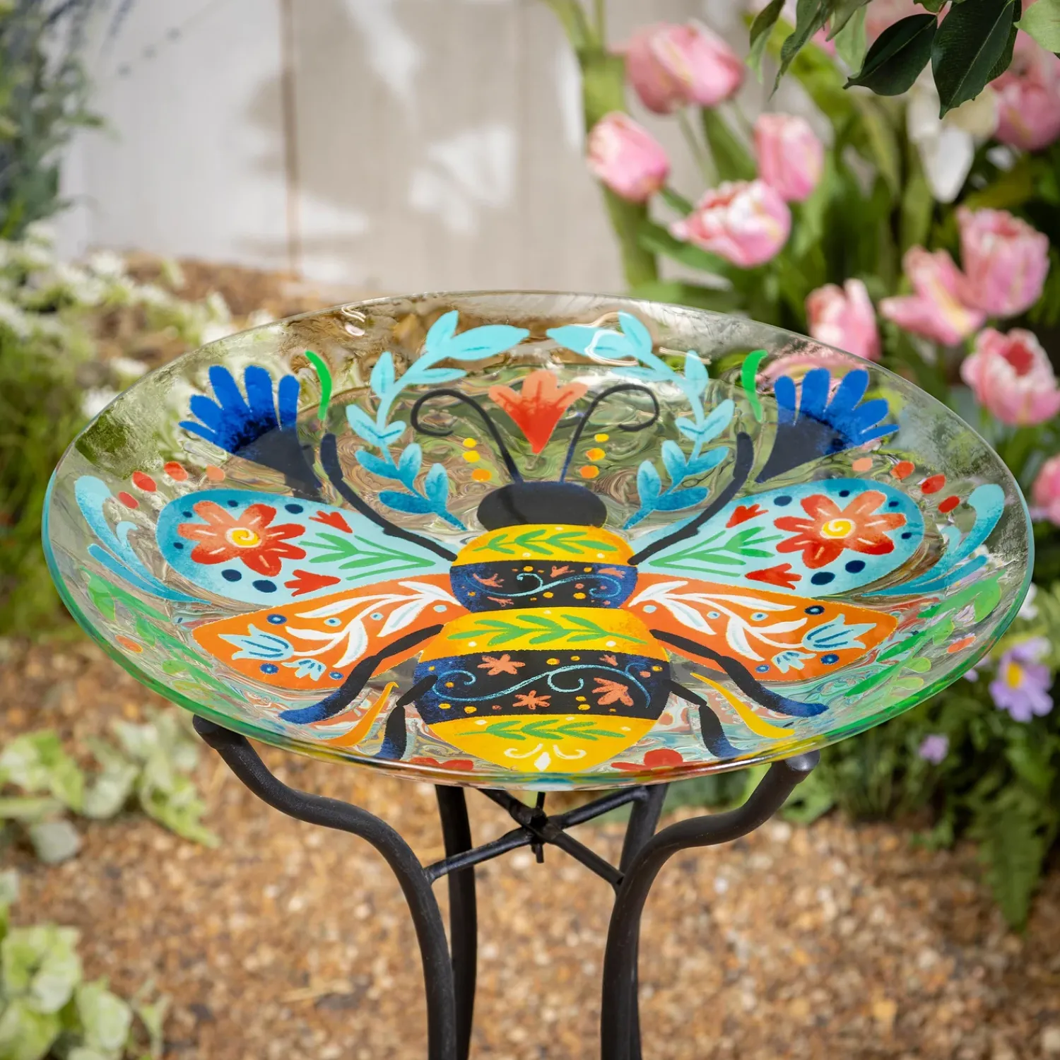 Plow & Hearth Birdbaths>18"Glass Folk Art Bird Bath, Bumblebee