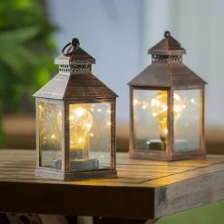 Plow & Hearth Outdoor Lamps|Candles & Lanterns>8.5"H Battery Operated Twinkling Light Bulb Lantern, Brushed Bronze; Set of 2