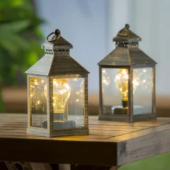 Plow & Hearth Outdoor Lamps|Candles & Lanterns>8.5"H Battery Operated Twinkling Light Bulb Lantern, Black with Brushed Gold, Set of 2