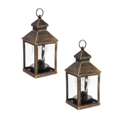 Plow & Hearth Outdoor Lamps|Candles & Lanterns>8.5"H Battery Operated Twinkling Light Bulb Lantern, Black with Brushed Gold, Set of 2