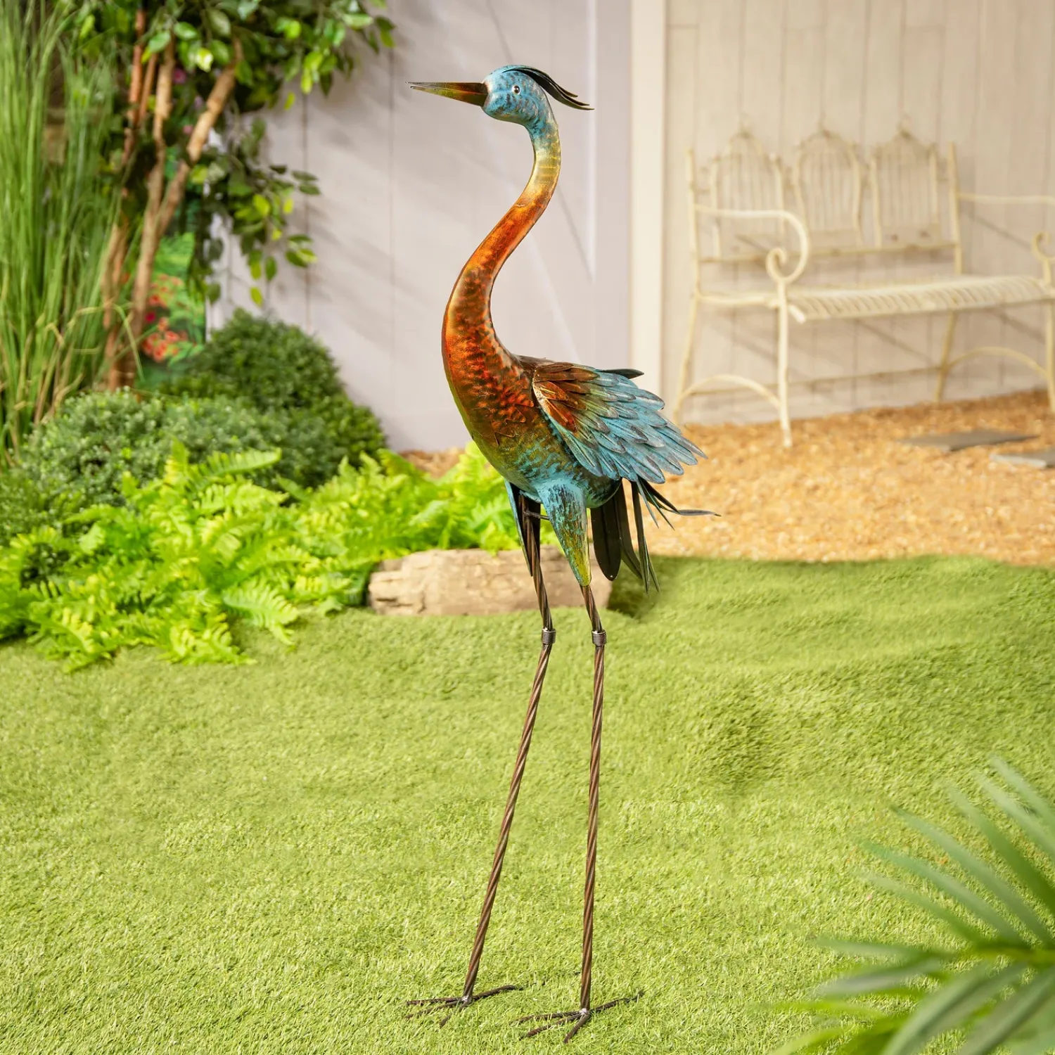 Plow & Hearth Garden Statues>48"H Metal Bronze Crane with Verdigris Wings Garden Statuary