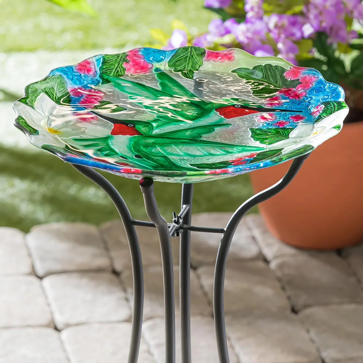 Plow & Hearth Birdbaths>18"Hand Painted and Embossed Glass Shaped Bird Bath, Hummingbird Bouquets