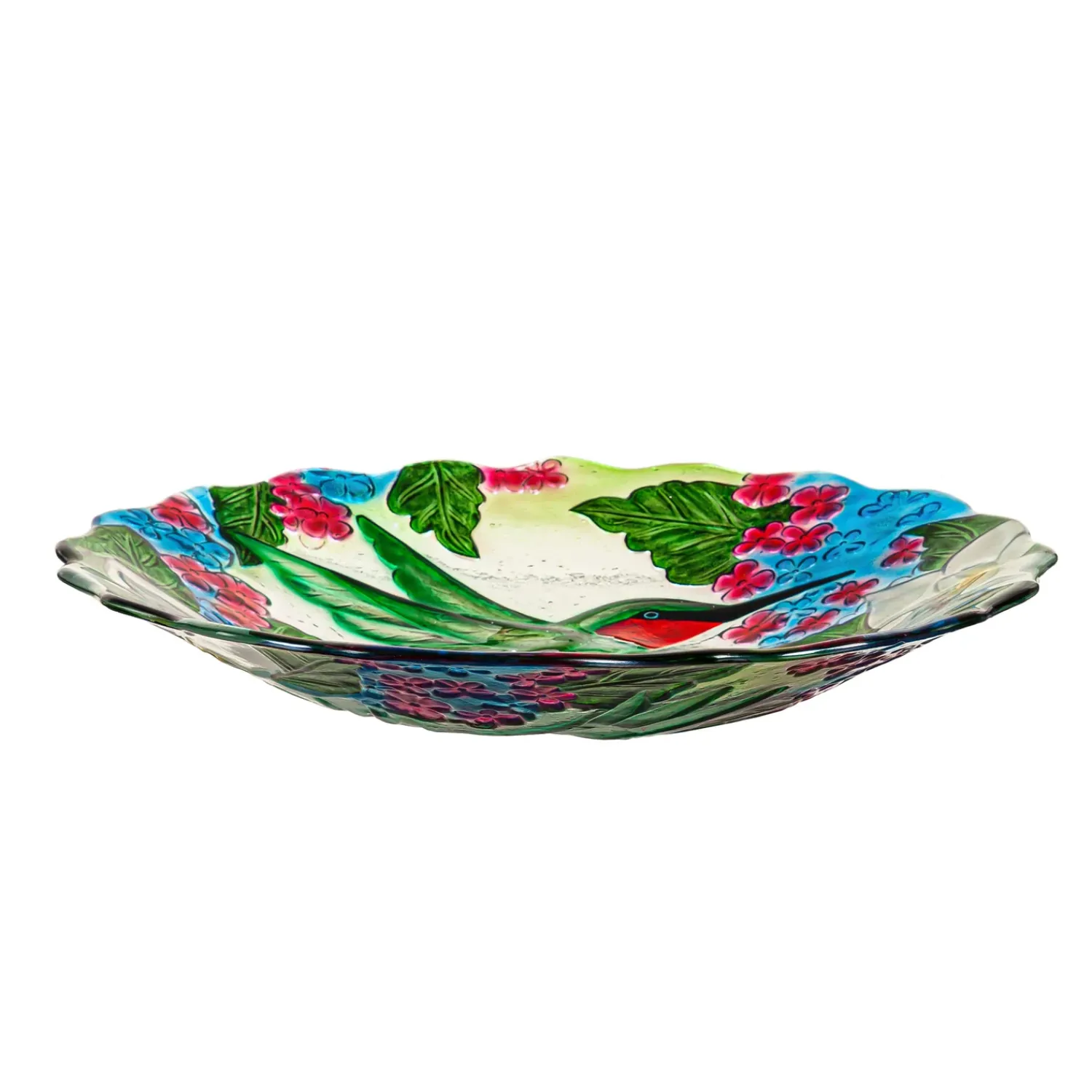 Plow & Hearth Birdbaths>18"Hand Painted and Embossed Glass Shaped Bird Bath, Hummingbird Bouquets