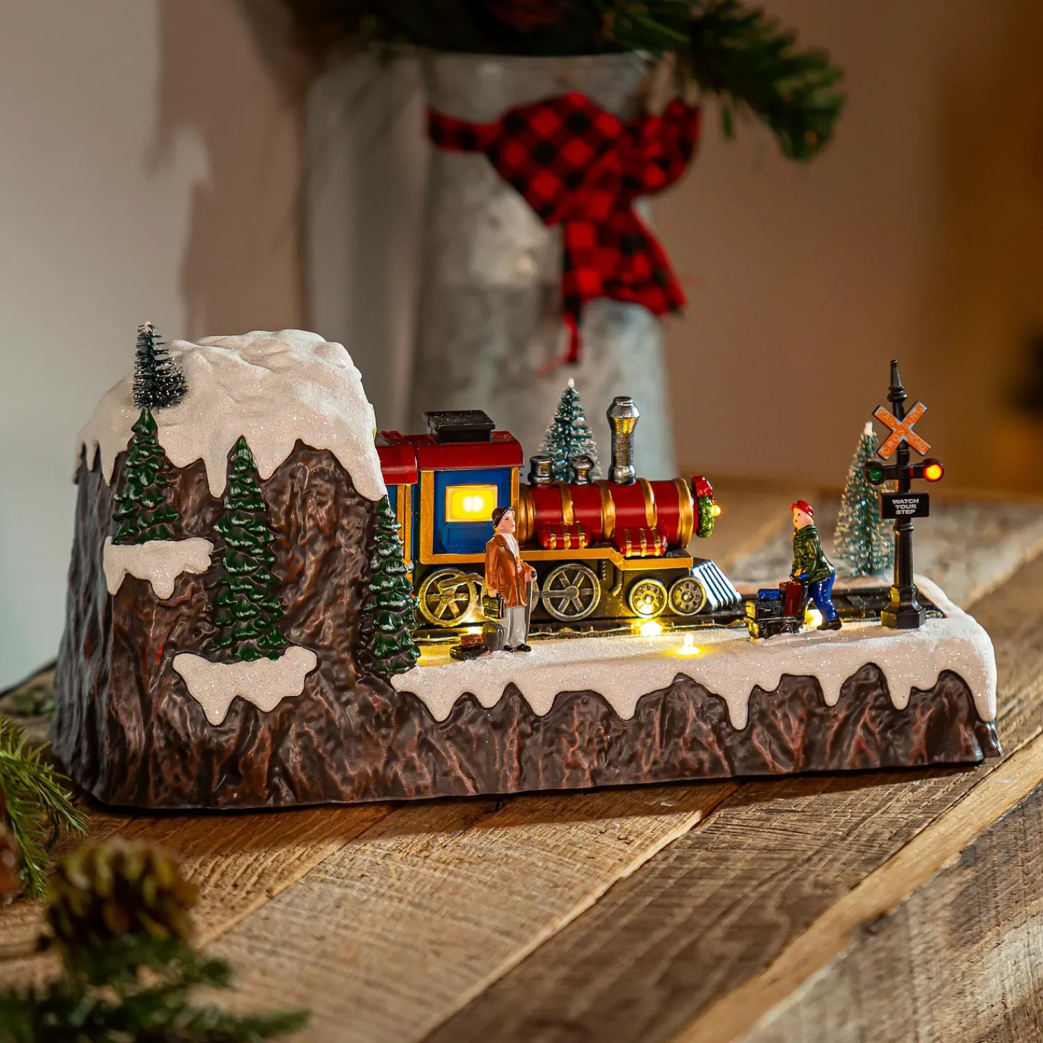 Plow & Hearth Decorative Accents>12.6"L LED Christmas Scene with Moving Train and Music Table Décor
