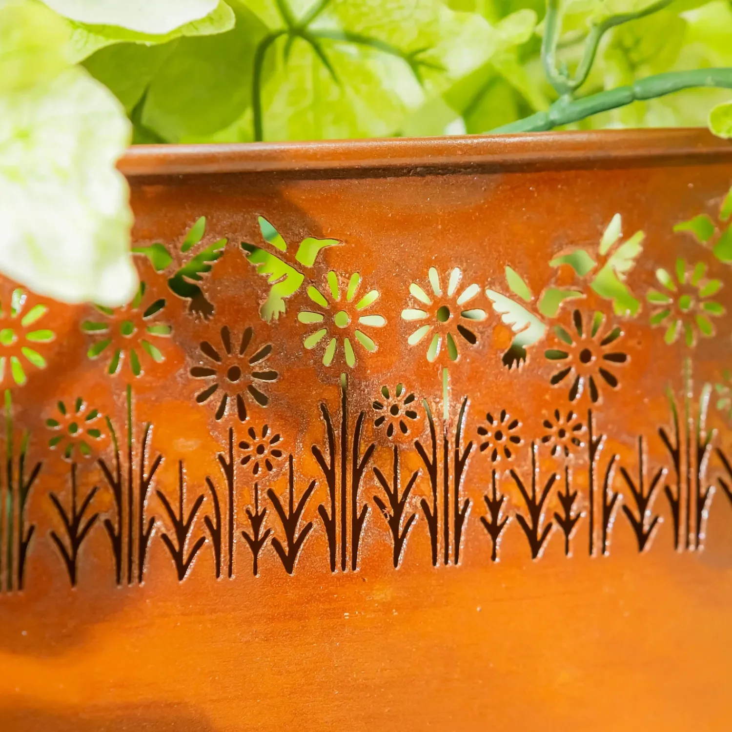 Plow & Hearth Planters & Plant Stands>Rectangular Metal Planter with Laser Cut Wildflowers and Hummingbirds