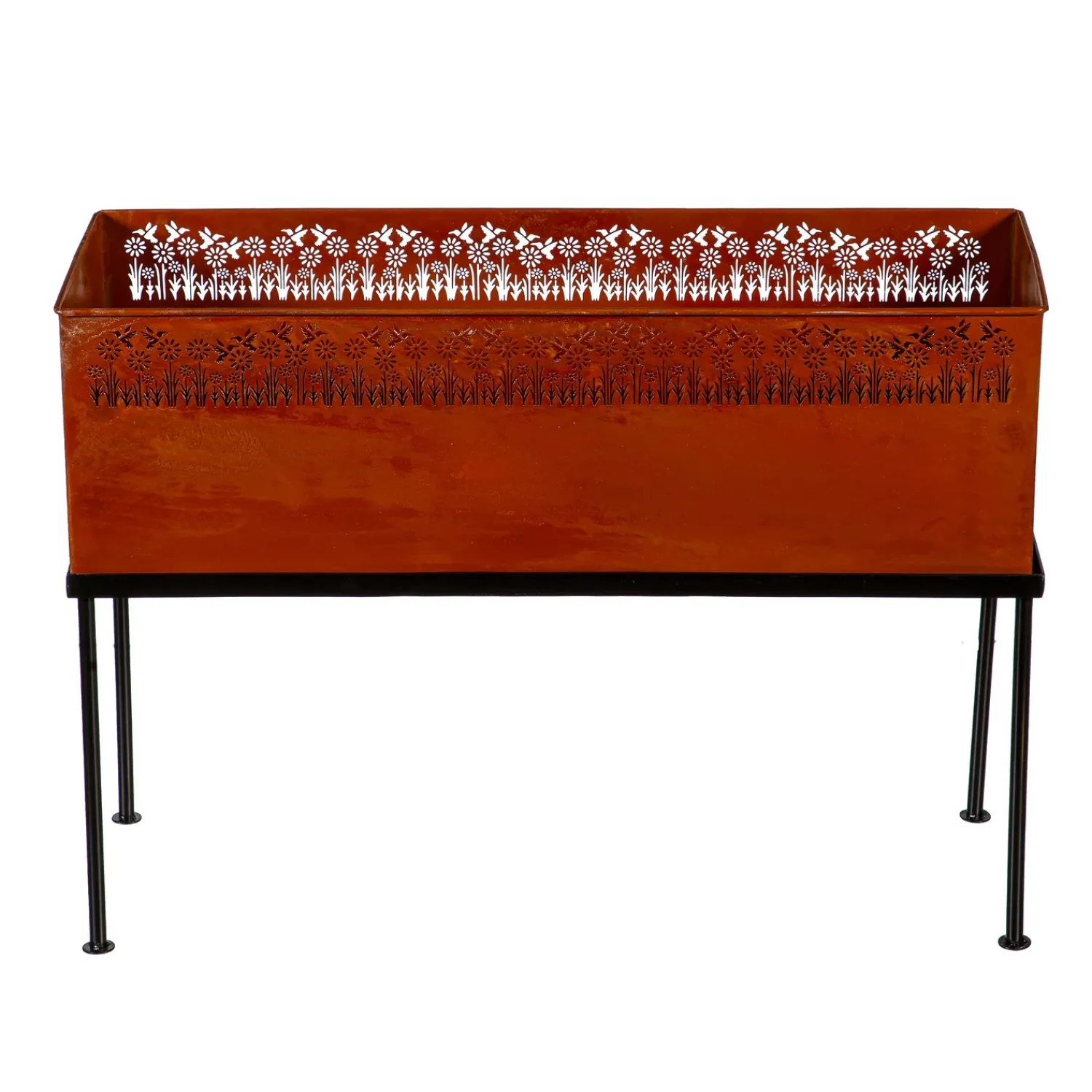 Plow & Hearth Planters & Plant Stands>Rectangular Metal Planter with Laser Cut Wildflowers and Hummingbirds