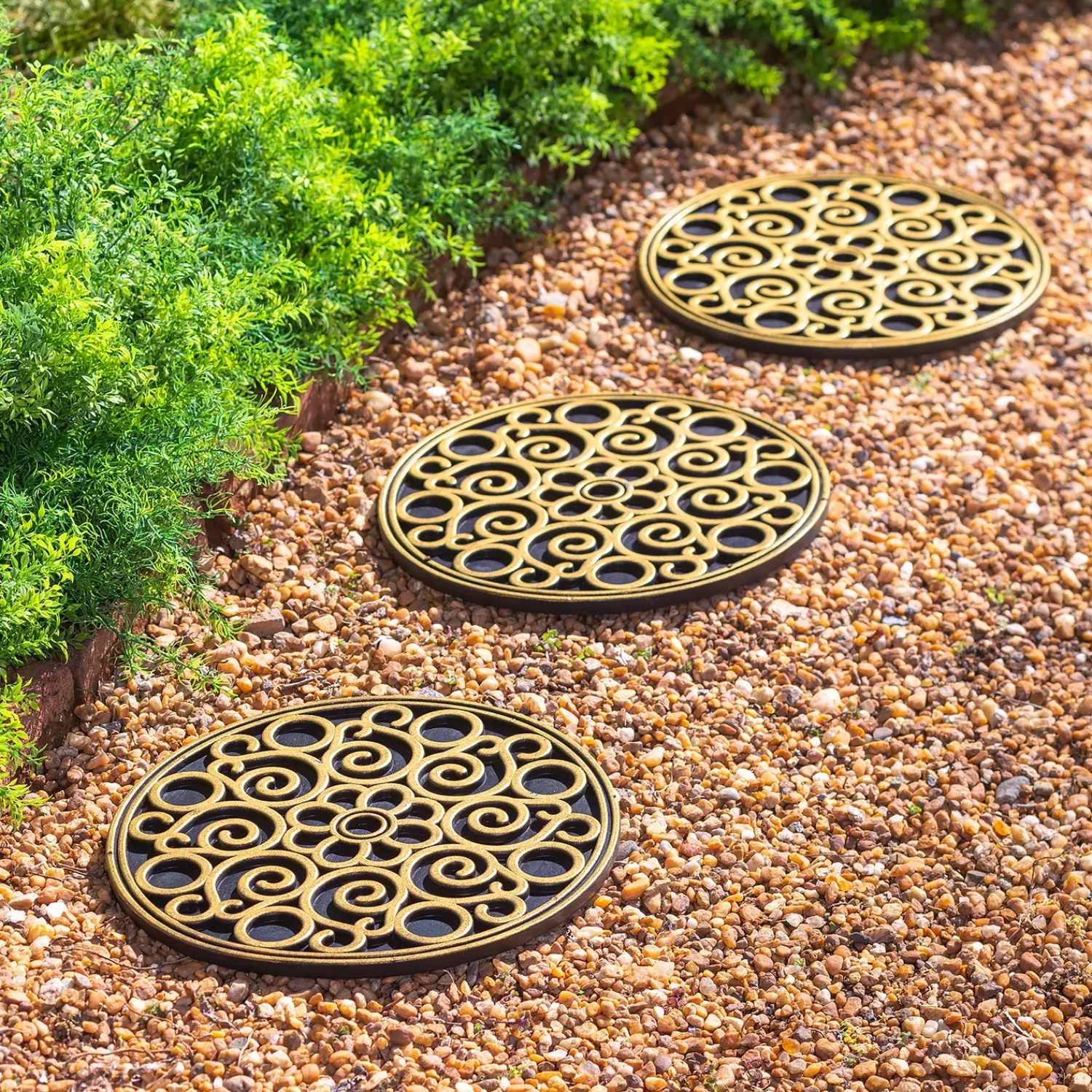 Plow & Hearth Pathways & Stepping Stones>Recycled Rubber Stepping Stones, Set of 3 - Copper Flower Swirl