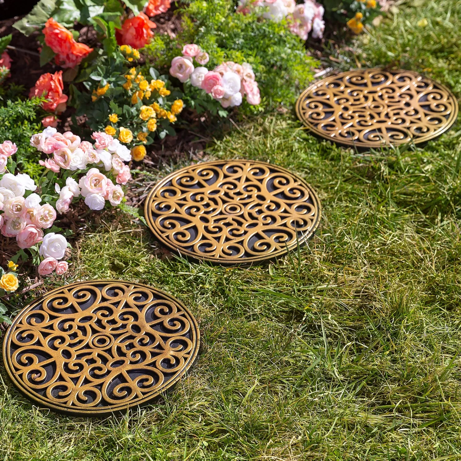 Plow & Hearth Pathways & Stepping Stones>Recycled Rubber Stepping Stones, Set of 3 - Golden Medallion