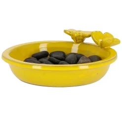Plow & Hearth Birdbaths|Wildlife Housing>Round Ceramic Bee & Butterfly Bath with Stand Yellow