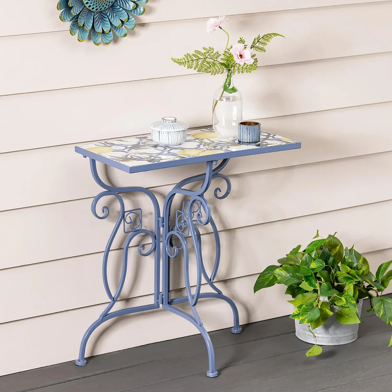 Plow & Hearth Outdoor Dining Sets|Outdoor Side Tables>Santiago Mosaic Balcony Table Blue