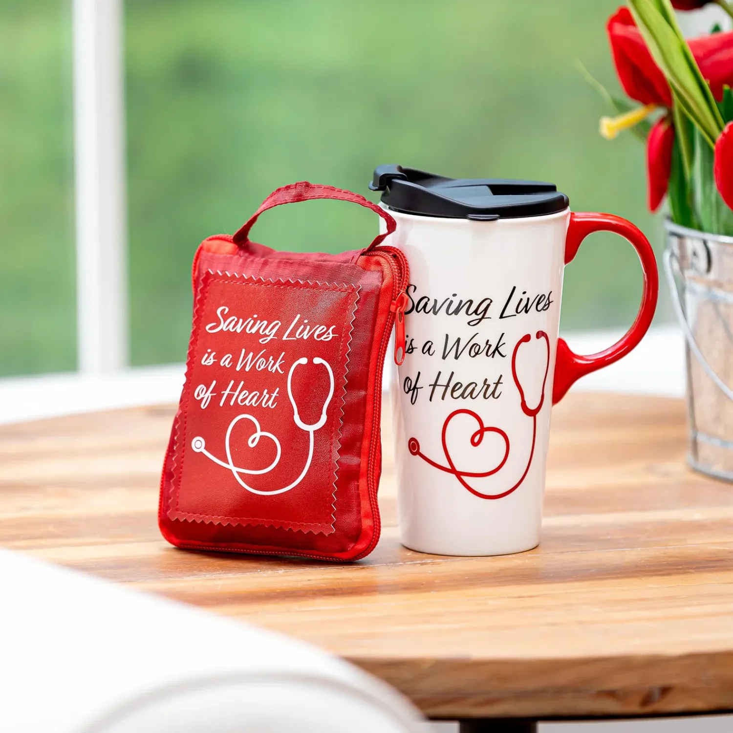 Plow & Hearth Travel Cups>Saving Lives is a Work of Heart Ceramic Perfect Cup and Compact Tote Giftset, 17oz, Gift Box