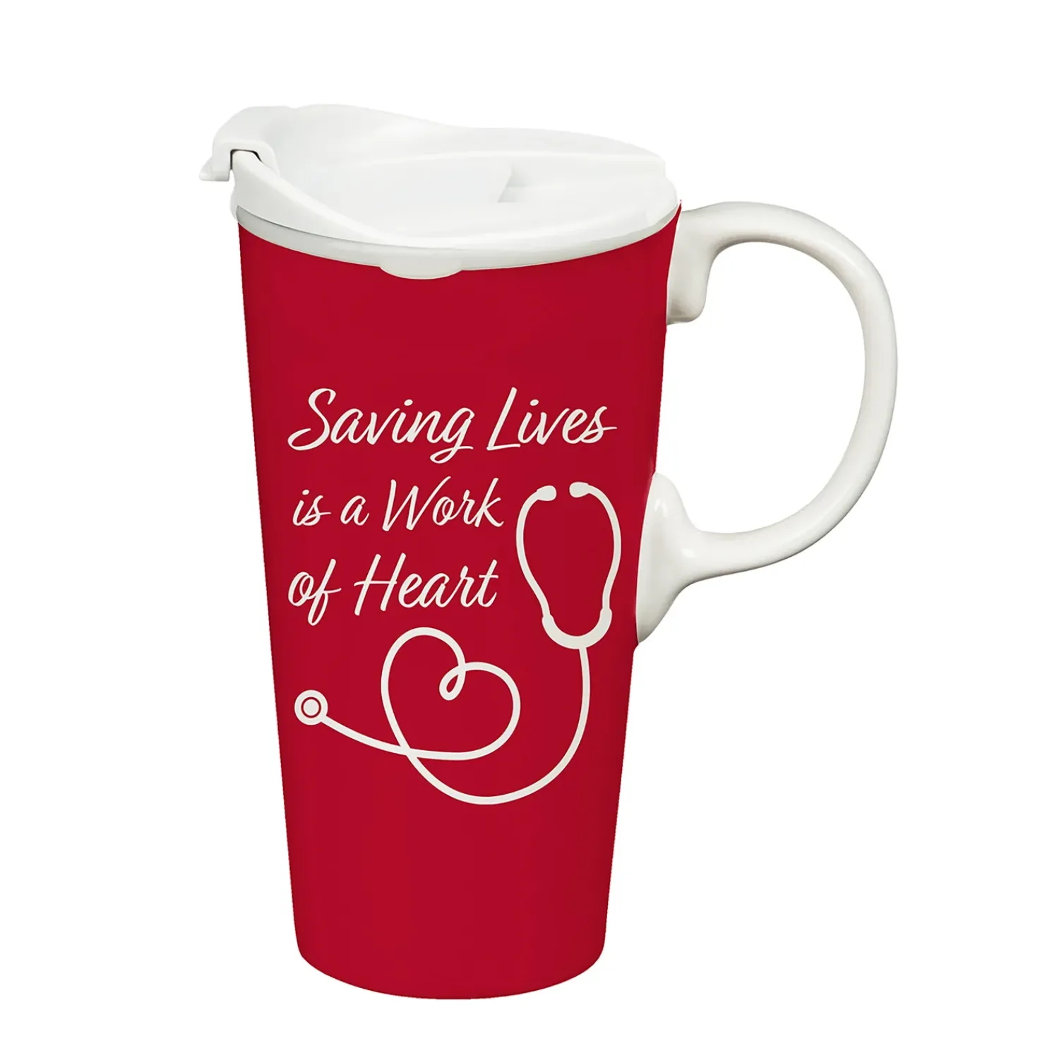 Plow & Hearth Travel Cups>Saving Lives is a Work of Heart Ceramic Perfect Cup and Compact Tote Giftset, 17oz, Gift Box