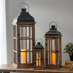 Plow & Hearth Candles & Lanterns>Set of 3 Nested Wood and Metal Lanterns w LED Candle