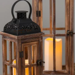 Plow & Hearth Candles & Lanterns>Set of 3 Nested Wood and Metal Lanterns w LED Candle