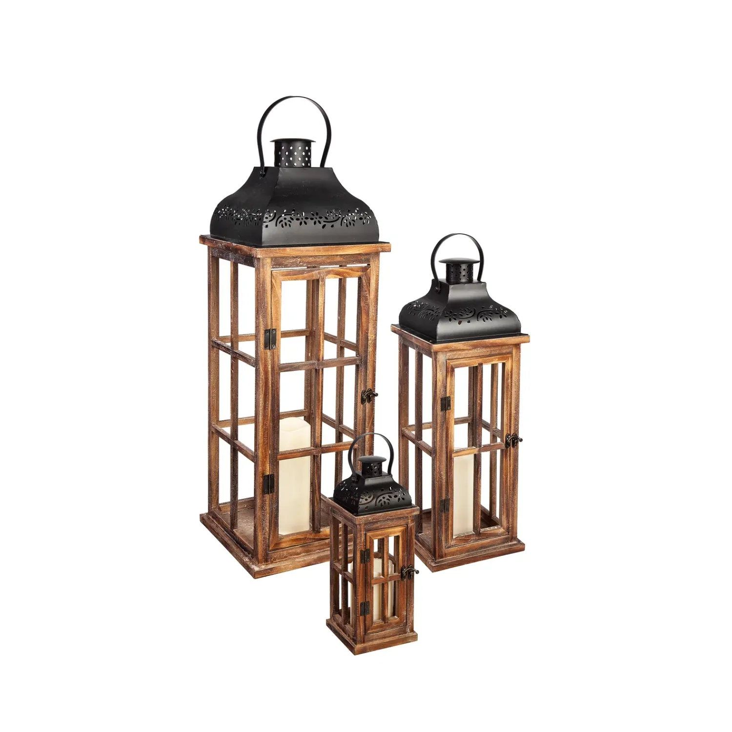 Plow & Hearth Candles & Lanterns>Set of 3 Nested Wood and Metal Lanterns w LED Candle