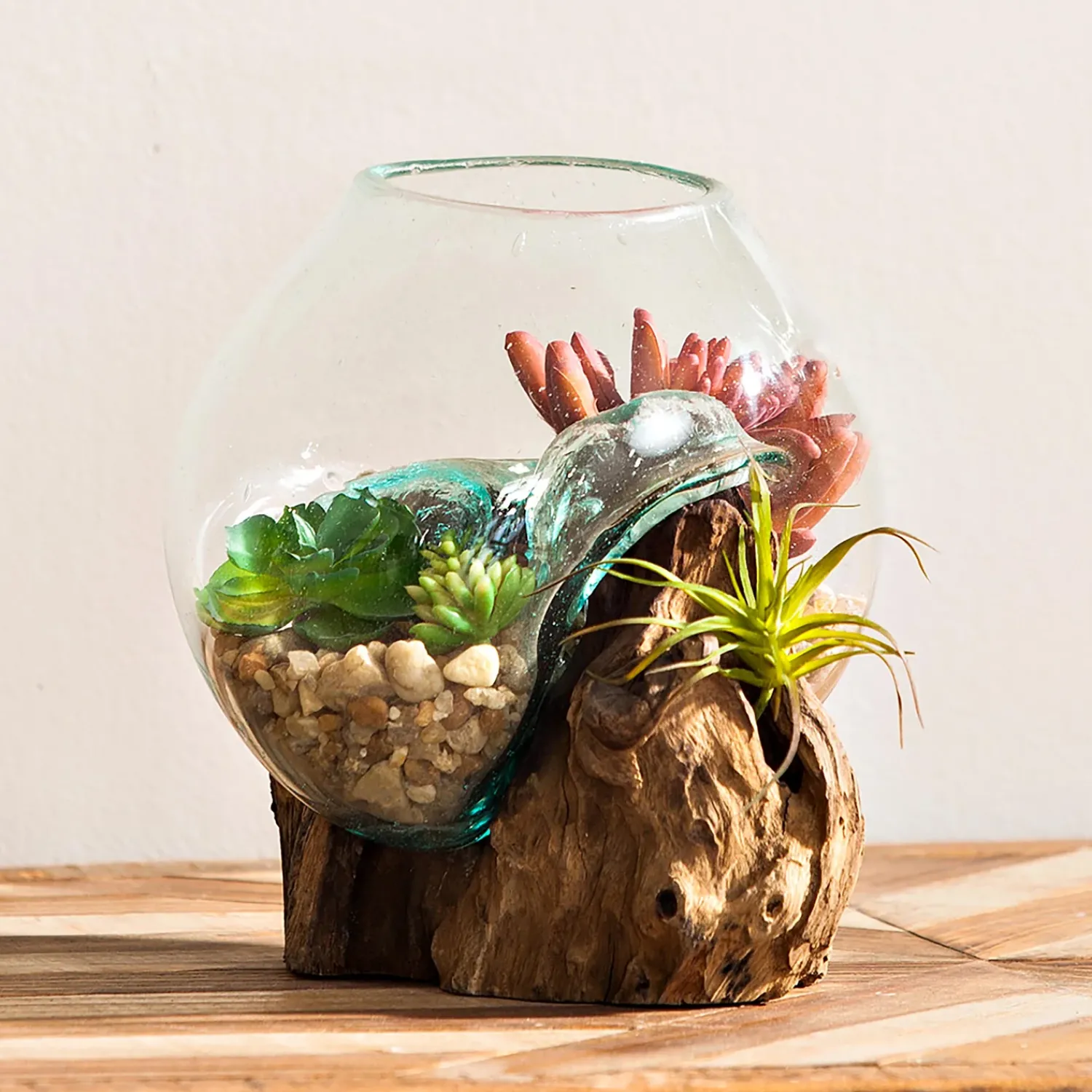 Plow & Hearth Planters & Vases>Small Recycled Glass Planter with Driftwood Base