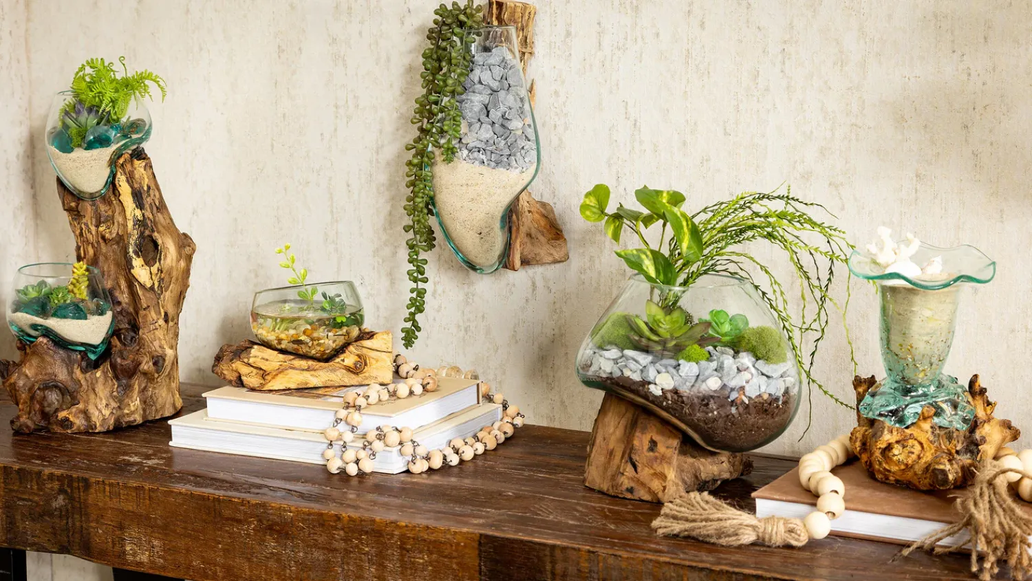 Plow & Hearth Planters & Vases>Small Recycled Glass Planter with Driftwood Base