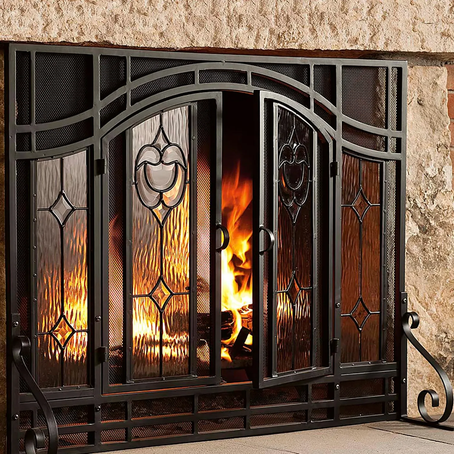 Plow & Hearth Fireplace Screens With Doors>Small Two-Door Fireplace Screen with Glass Floral Panels Black