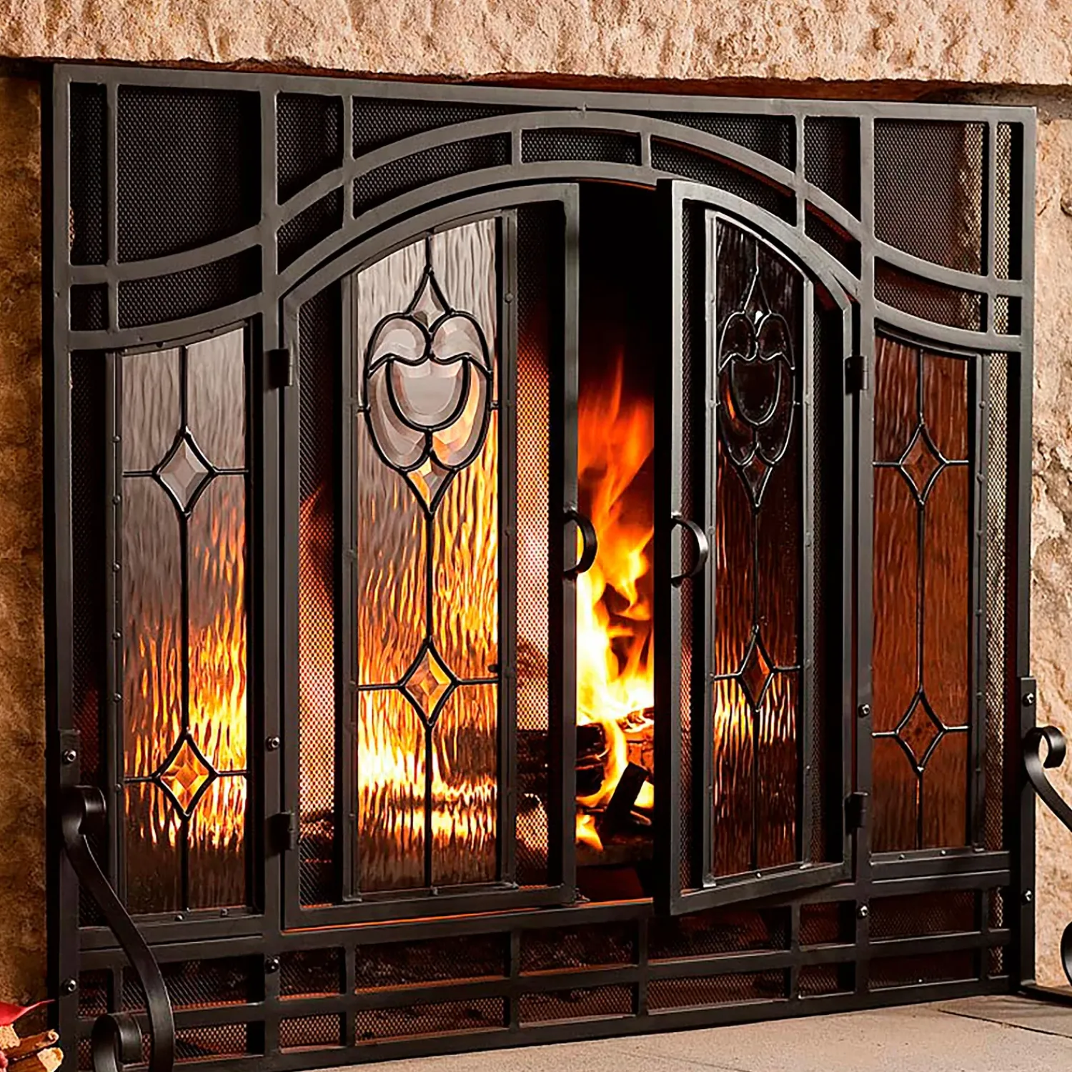 Plow & Hearth Fireplace Screens With Doors>Small Two-Door Fireplace Screen with Glass Floral Panels Black