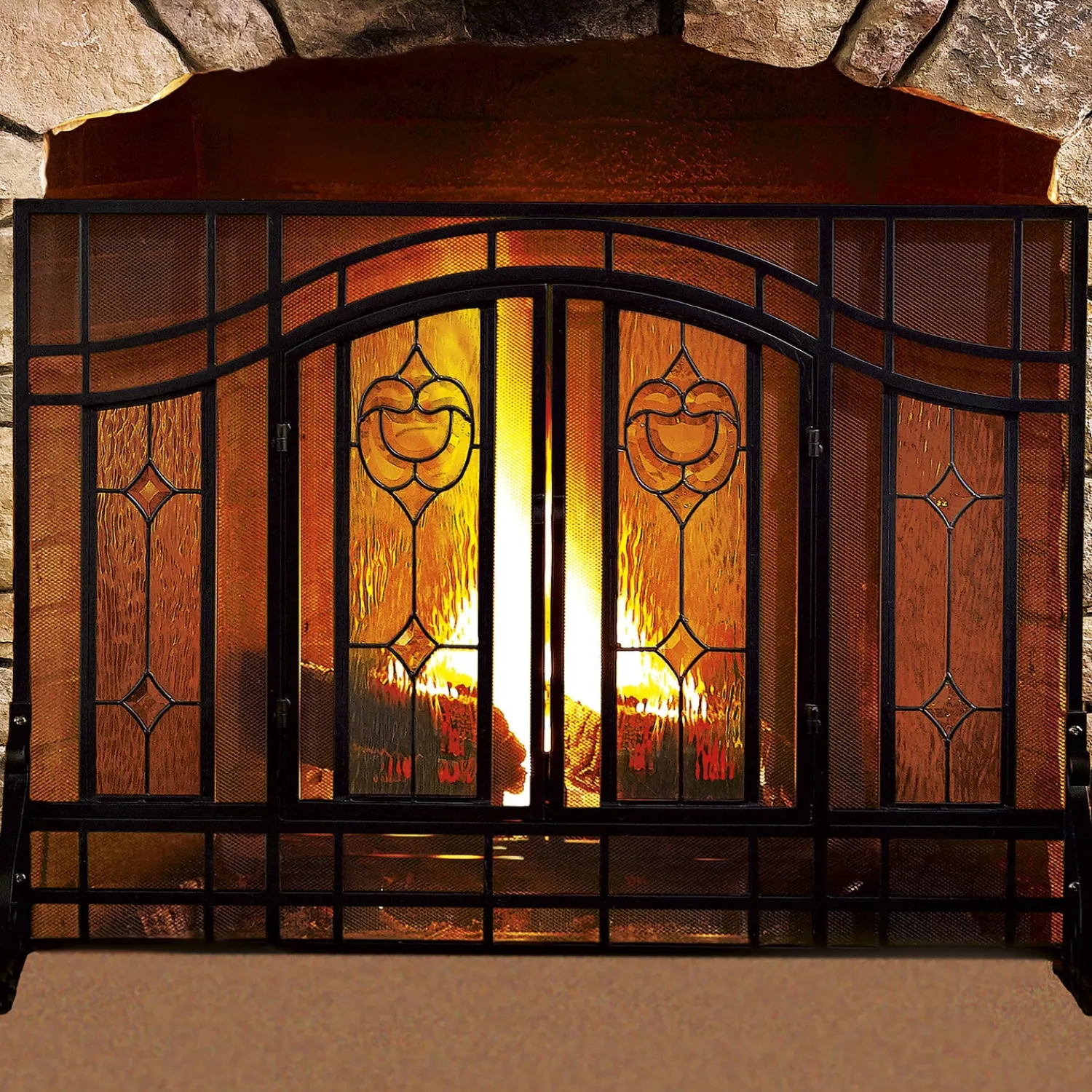 Plow & Hearth Fireplace Screens With Doors>Small Two-Door Fireplace Screen with Glass Floral Panels Black