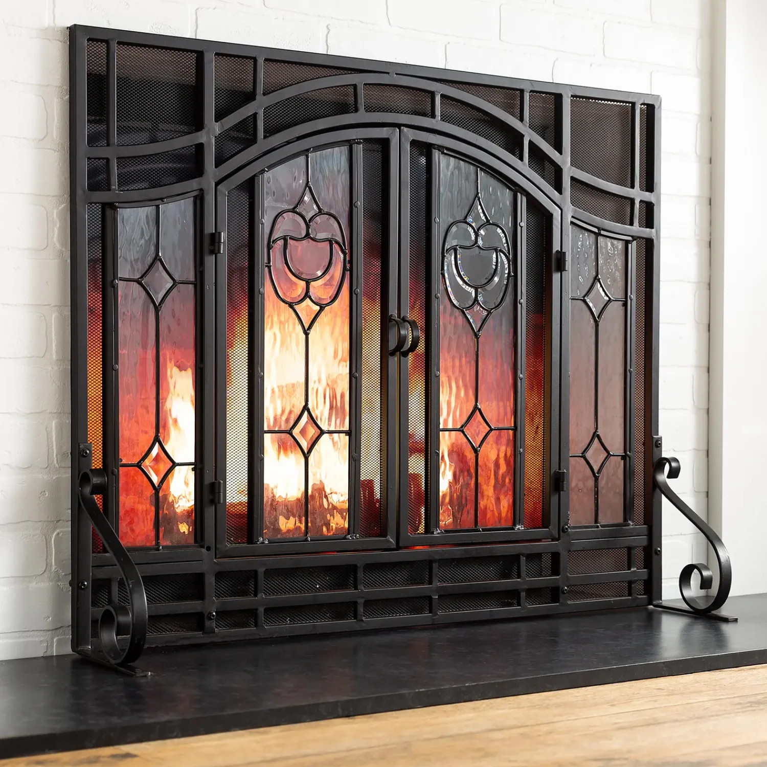 Plow & Hearth Fireplace Screens With Doors>Small Two-Door Fireplace Screen with Glass Floral Panels Black