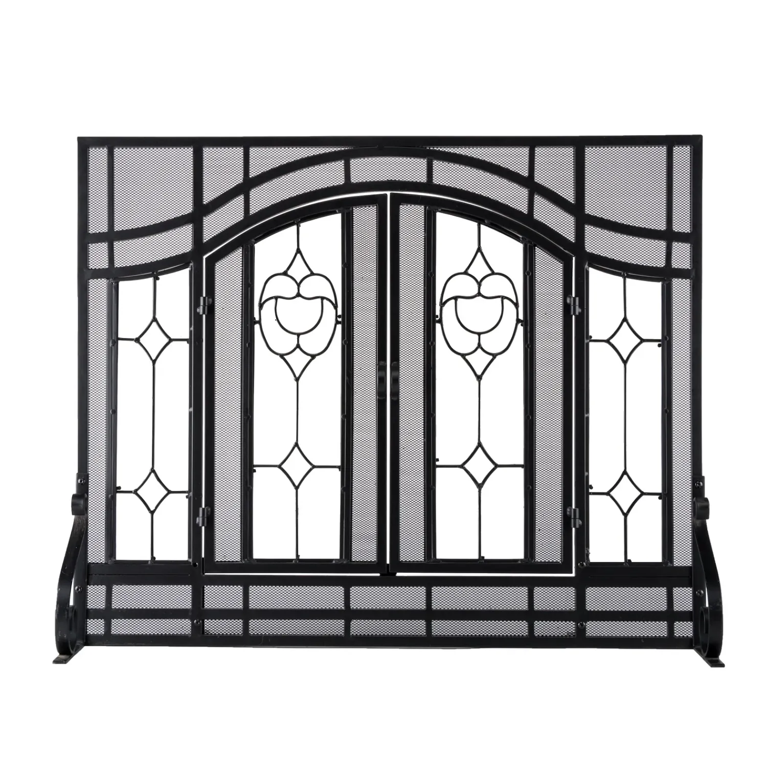 Plow & Hearth Fireplace Screens With Doors>Small Two-Door Fireplace Screen with Glass Floral Panels Black