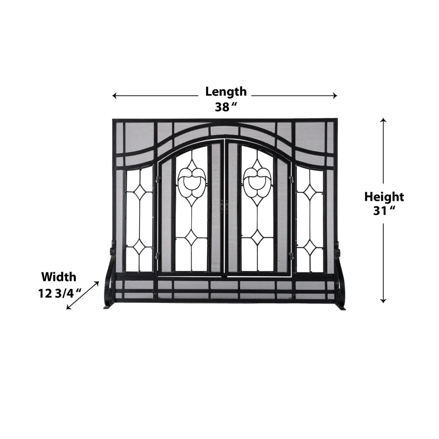 Plow & Hearth Fireplace Screens With Doors>Small Two-Door Fireplace Screen with Glass Floral Panels Black