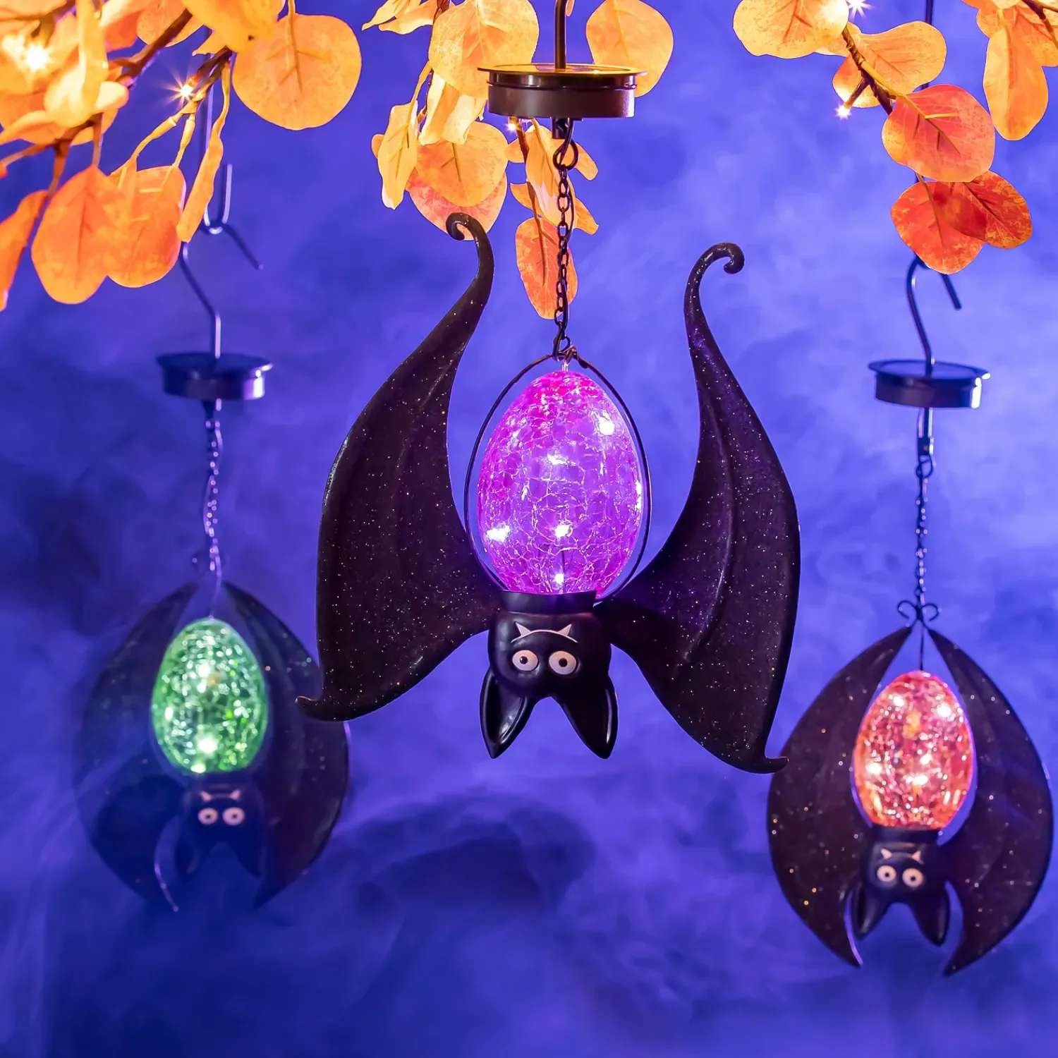 Plow & Hearth Lighted Garden Decorations>Solar Halloween Hanging Bats, Set of 3