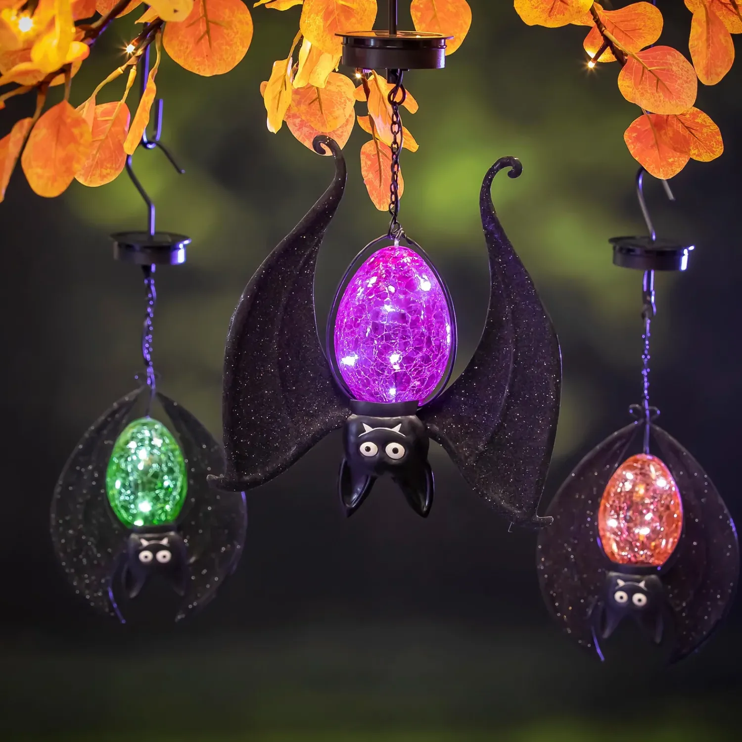 Plow & Hearth Lighted Garden Decorations>Solar Halloween Hanging Bats, Set of 3