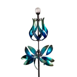 Plow & Hearth Wind Spinners|Solar Accents>Solar Metal Wind Spinner, Blue & Teal Floral Gradient, 82"H