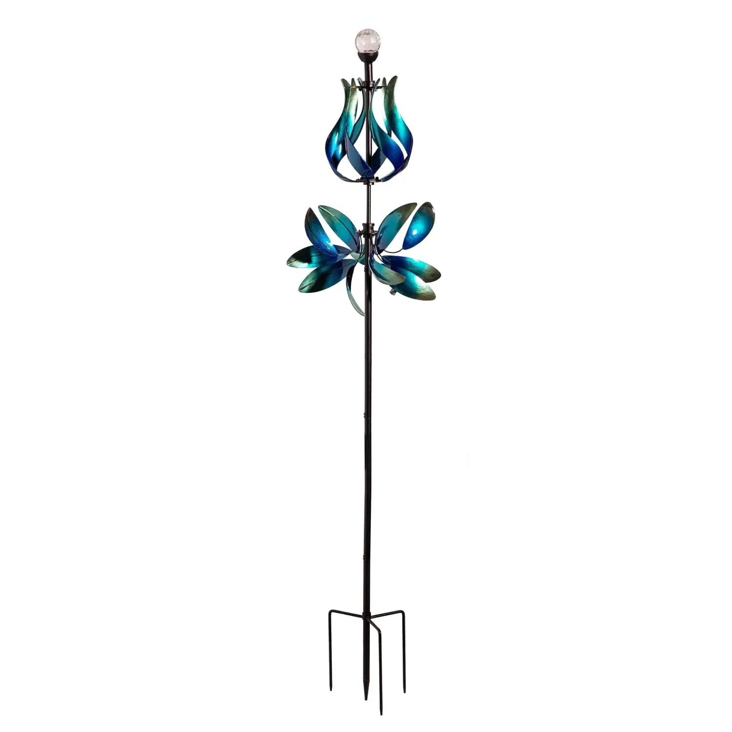 Plow & Hearth Wind Spinners|Solar Accents>Solar Metal Wind Spinner, Blue & Teal Floral Gradient, 82"H