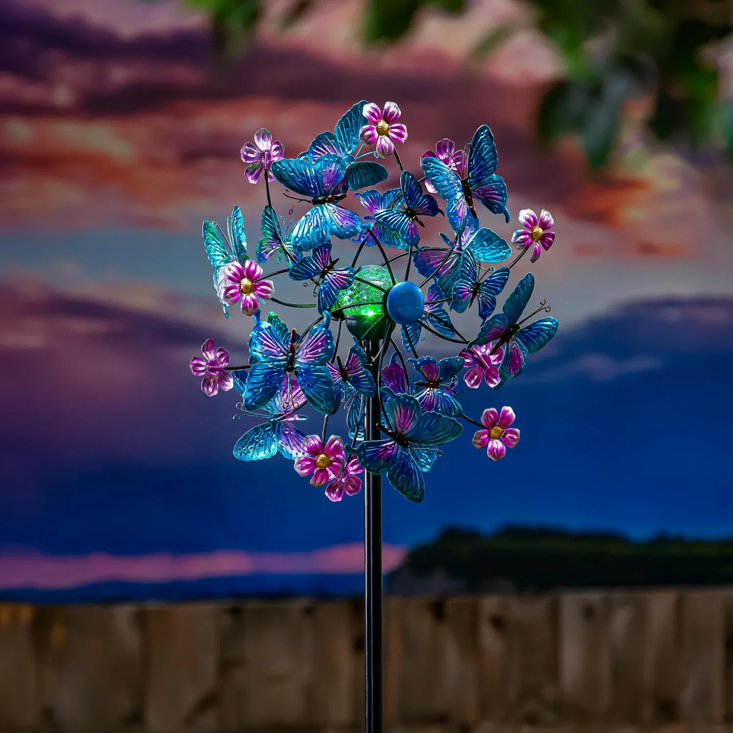 Plow & Hearth Wind Spinners>Solar Metal Wind Spinner, Blue Butterfly & Flowers, 74"H