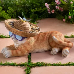 Plow & Hearth Garden Statues>Solar Resin Cat in Sunglasses With Butterfly Sombrero Bird Feeder Hat.