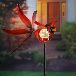 Plow & Hearth Wind Spinners|Garden Stakes>Solar Songbird Metal Wind Spinner with Glass Orb, Cardinal