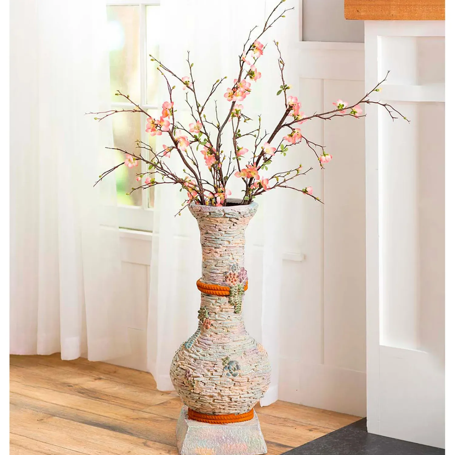 Plow & Hearth Planters & Vases>Stacked Faux Rock Non-Watertight Vase with Base and Floral Rope Accent