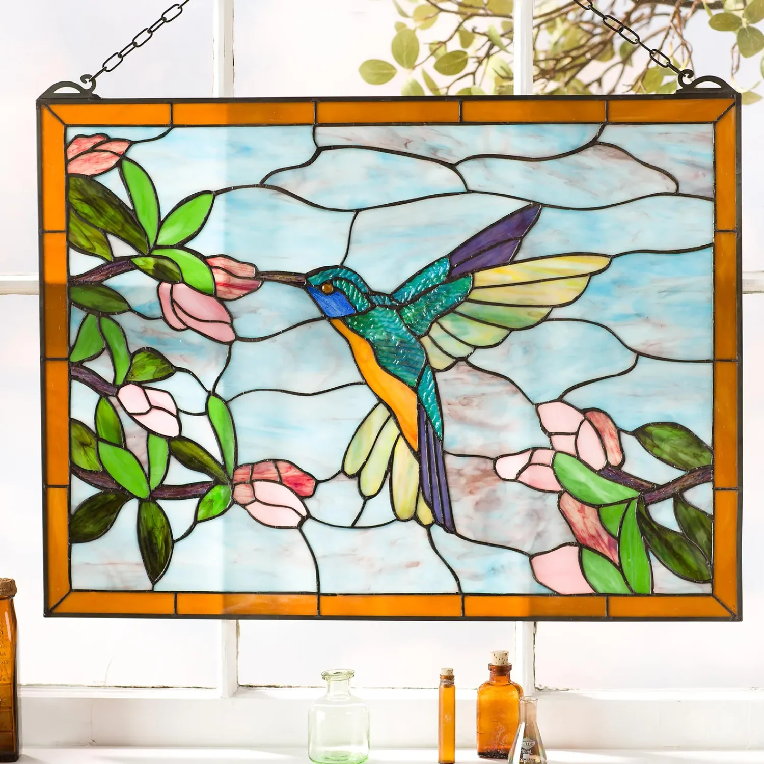 Plow & Hearth Wall Art>Stained Glass Hummingbird Art Panel with Metal Frame and Chain
