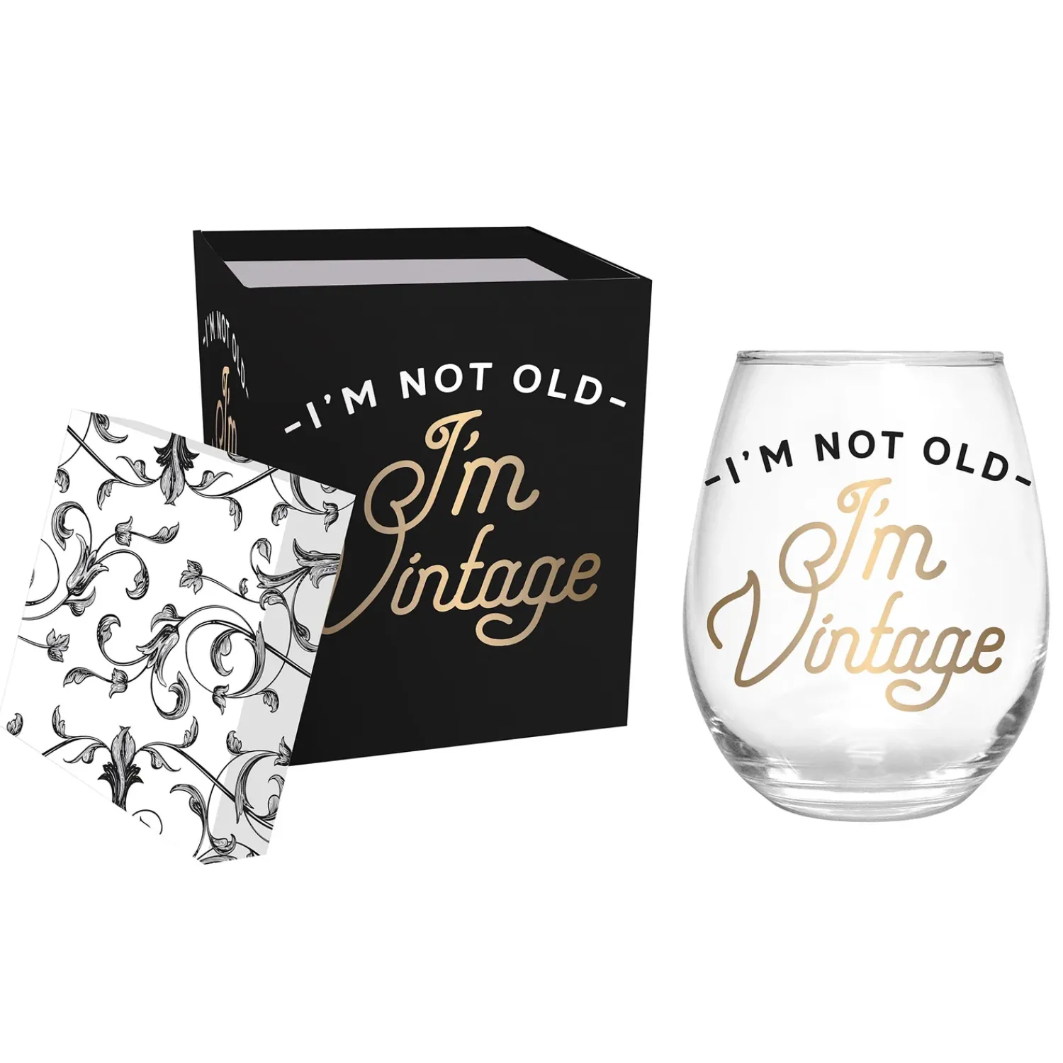 Plow & Hearth Wine Glasses>Stemless Wine Glass w/box, 17 OZ., I'm not old I'm Vintage