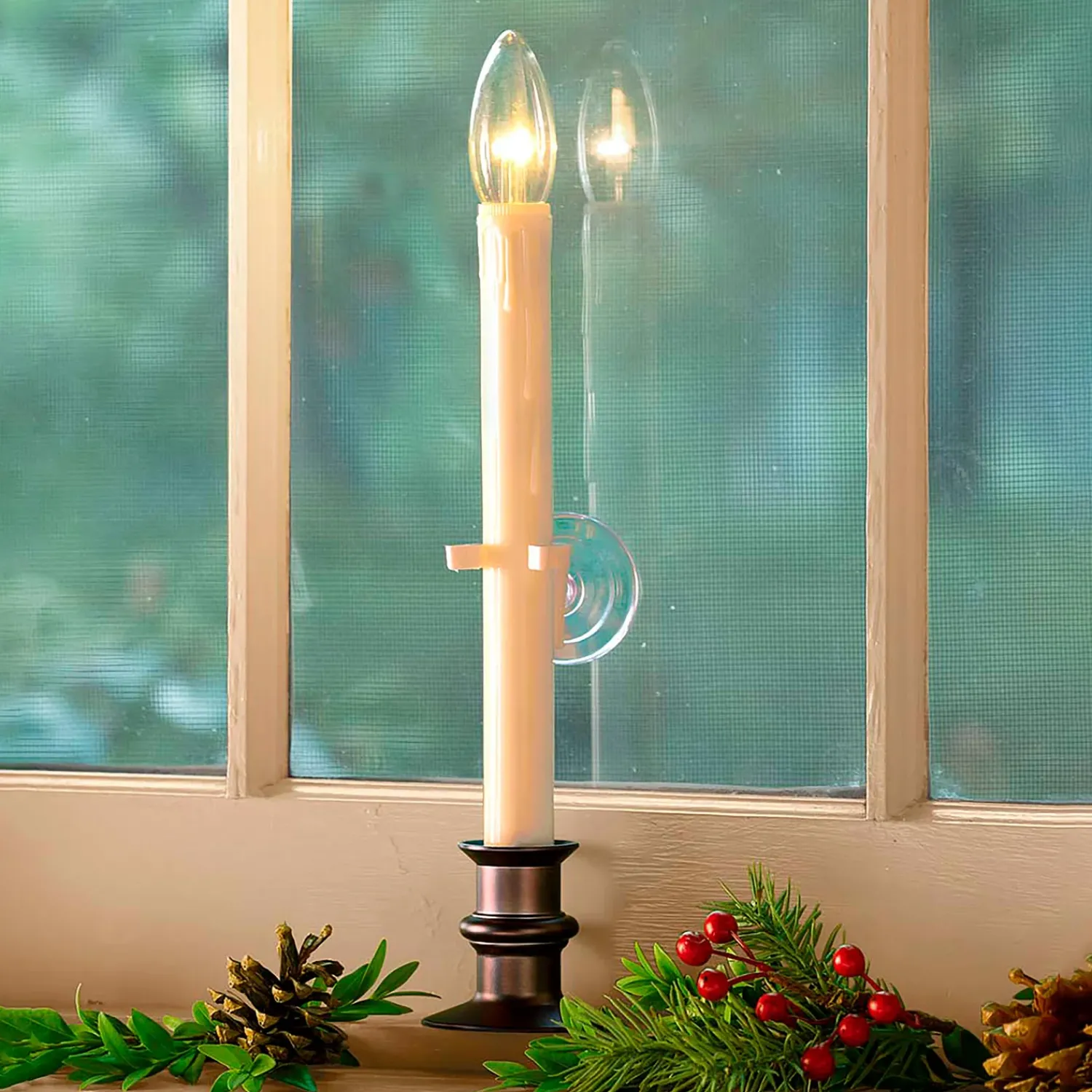 Plow & Hearth Candles & Lanterns|Lighted Accents>Suction Cup Window Candles with Timer and Remote, Set of 4 Pewter