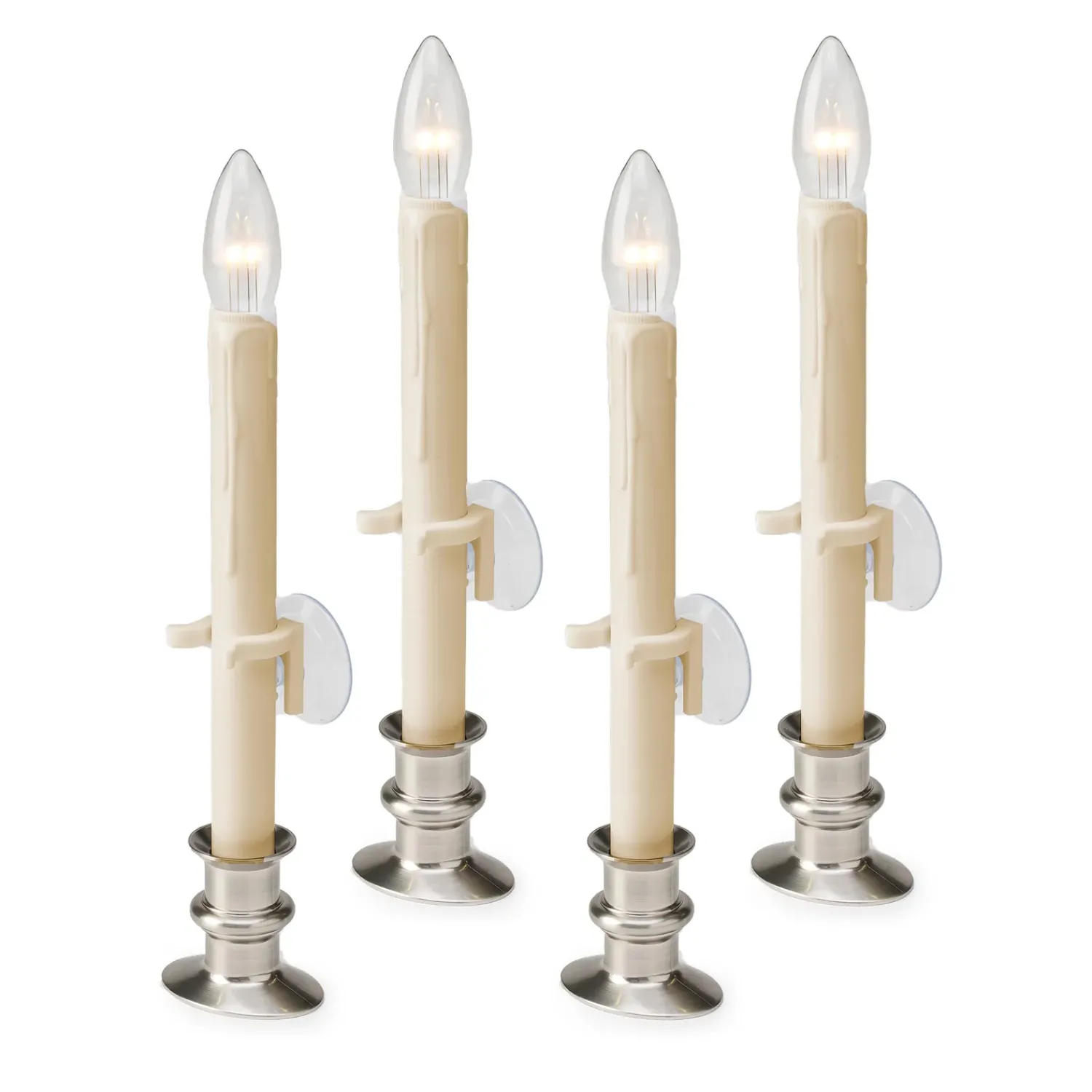 Plow & Hearth Candles & Lanterns|Lighted Accents>Suction Cup Window Candles with Timer and Remote, Set of 4 Pewter