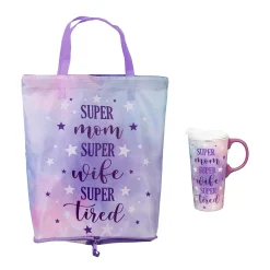 Plow & Hearth Travel Cups>Super Mom Super Wife Super Tired Ceramic Perfect Cup and Compact Tote Giftset, 17oz, Gift Box